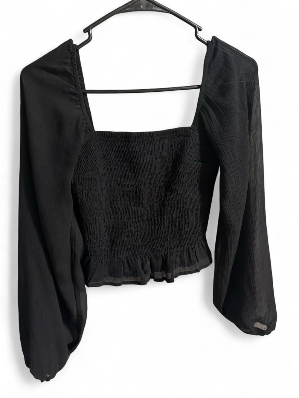 Smocked Square-Neck Long-Sleeve Crop Top - Black